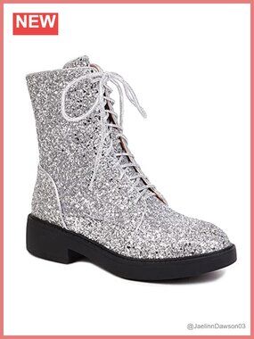 Womens Lace Up Glitter Sequin Combat Boots Chunky Low Heel Ankle Booties Round